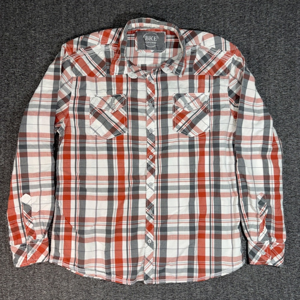 BKE Men's Long Sleeve Button Up Relaxed Fit Size Large Orange & Gray Plaid Shirt
